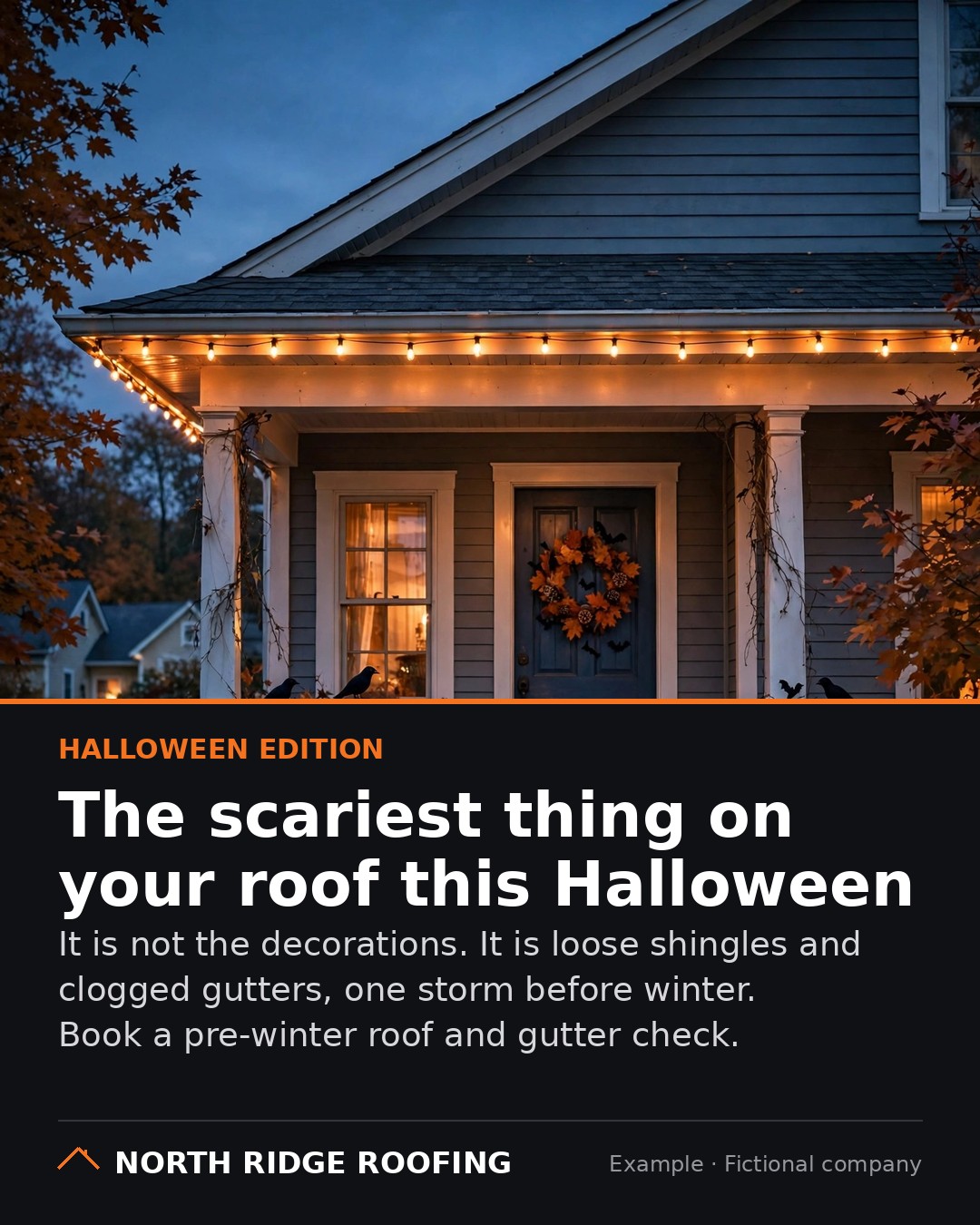 Example Halloween feed post for a fictional roofing company: a decorated house at dusk under its roofline