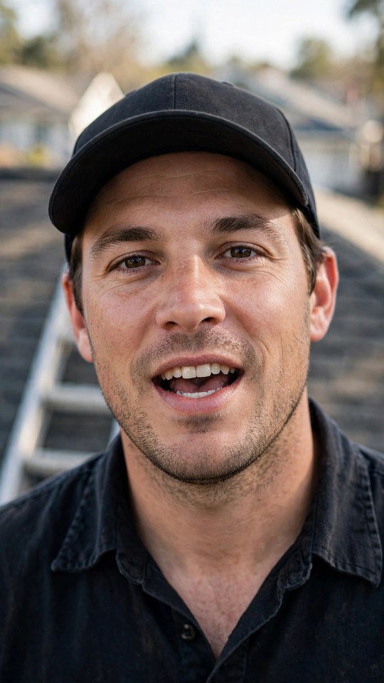 Storyboard frame: a roofer speaking straight to camera on a job site